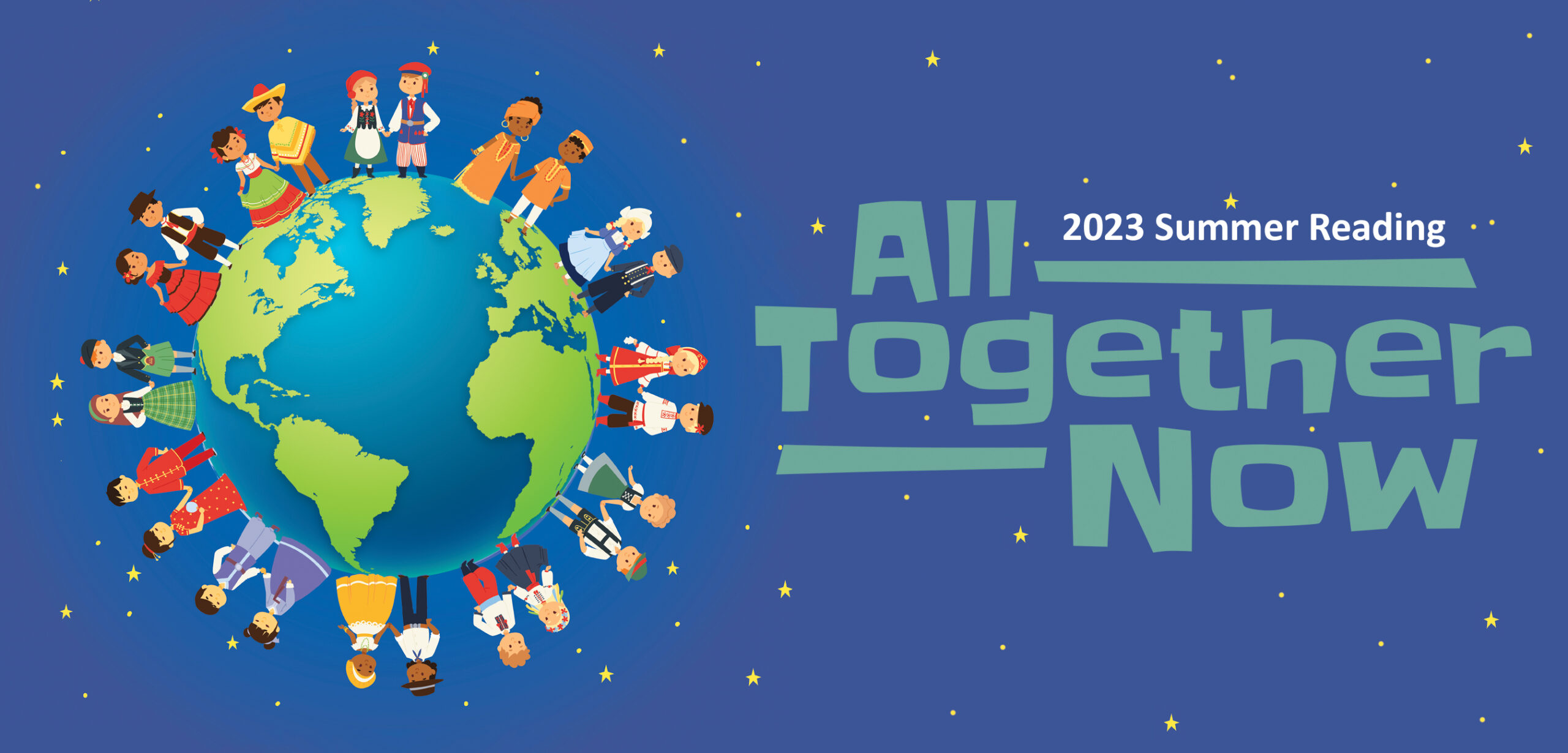 All Together Now - 2023 Banner - Kids holding hands, circled around the earth