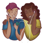 Two friends sharing earbuds listing to music
