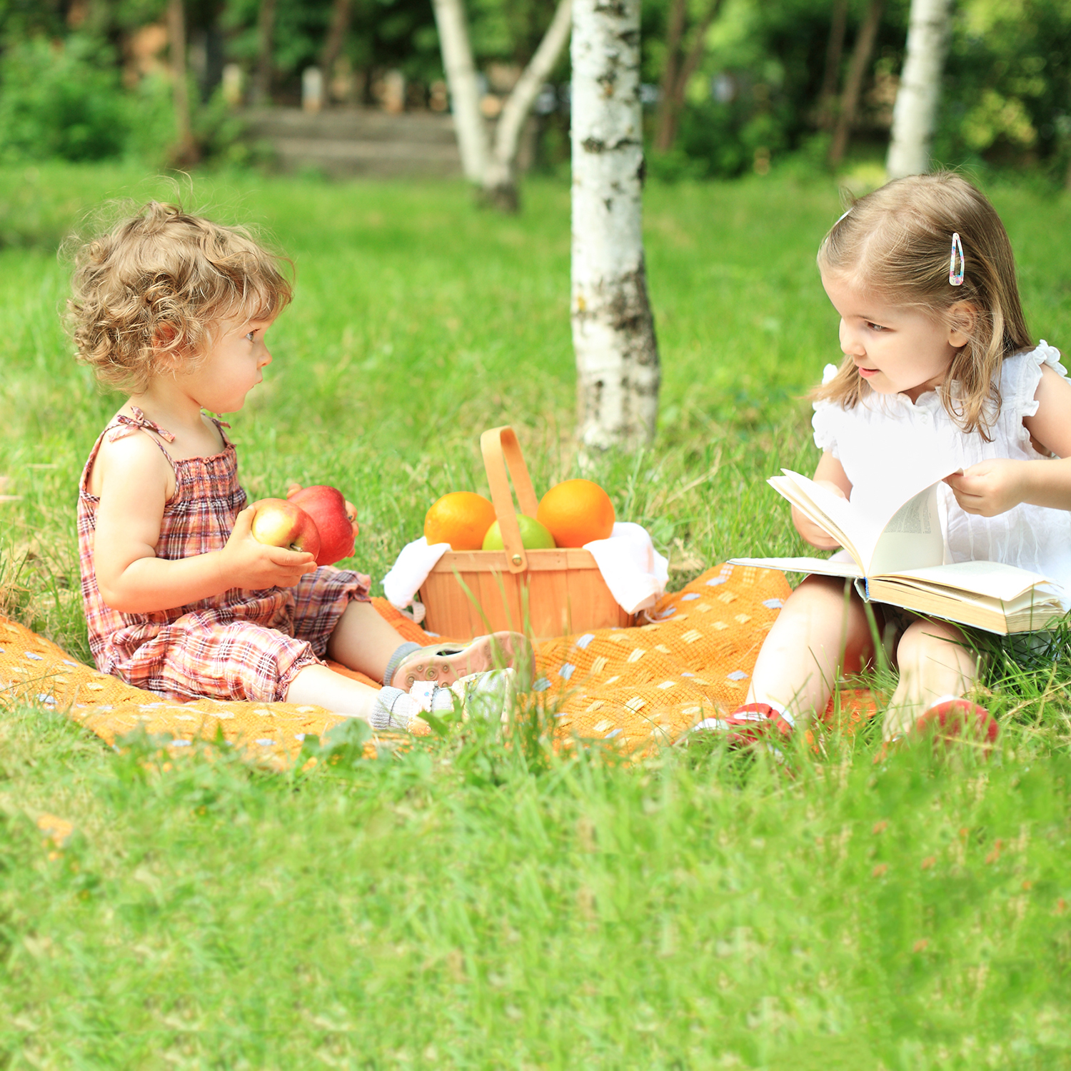 Two children having a picnic and reading