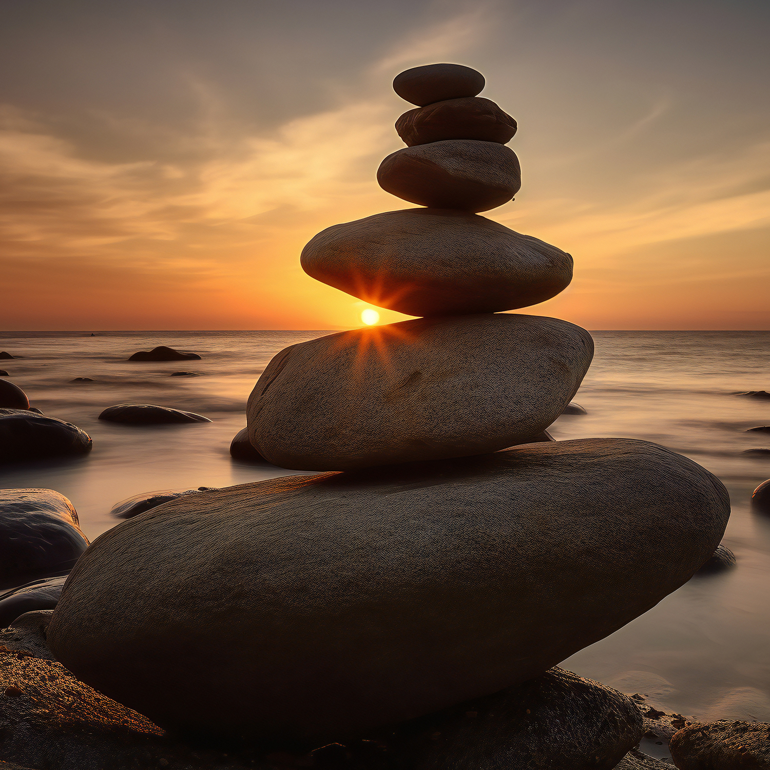 Stack of rocks on a beach with a sun setting in the background
