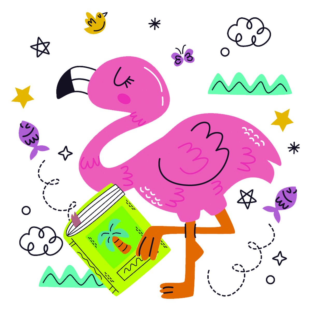 Art of a cartoon flamingo holding a book with a palm tree on it. Ocean elements are "flying" out of the book and around the flamingo.