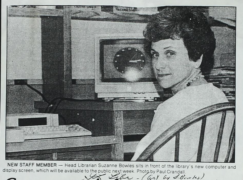 Suzanne Bowles at computer in 1985