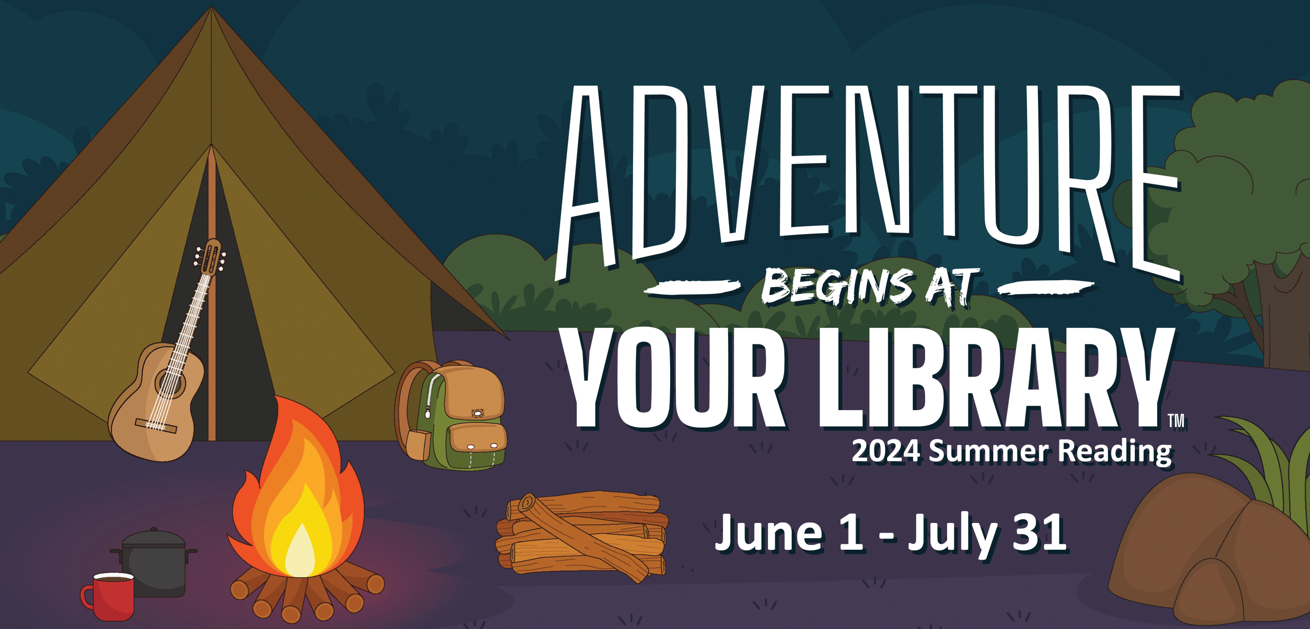 Adventure Begins at Your Library Logo - Campsite with campfire at night