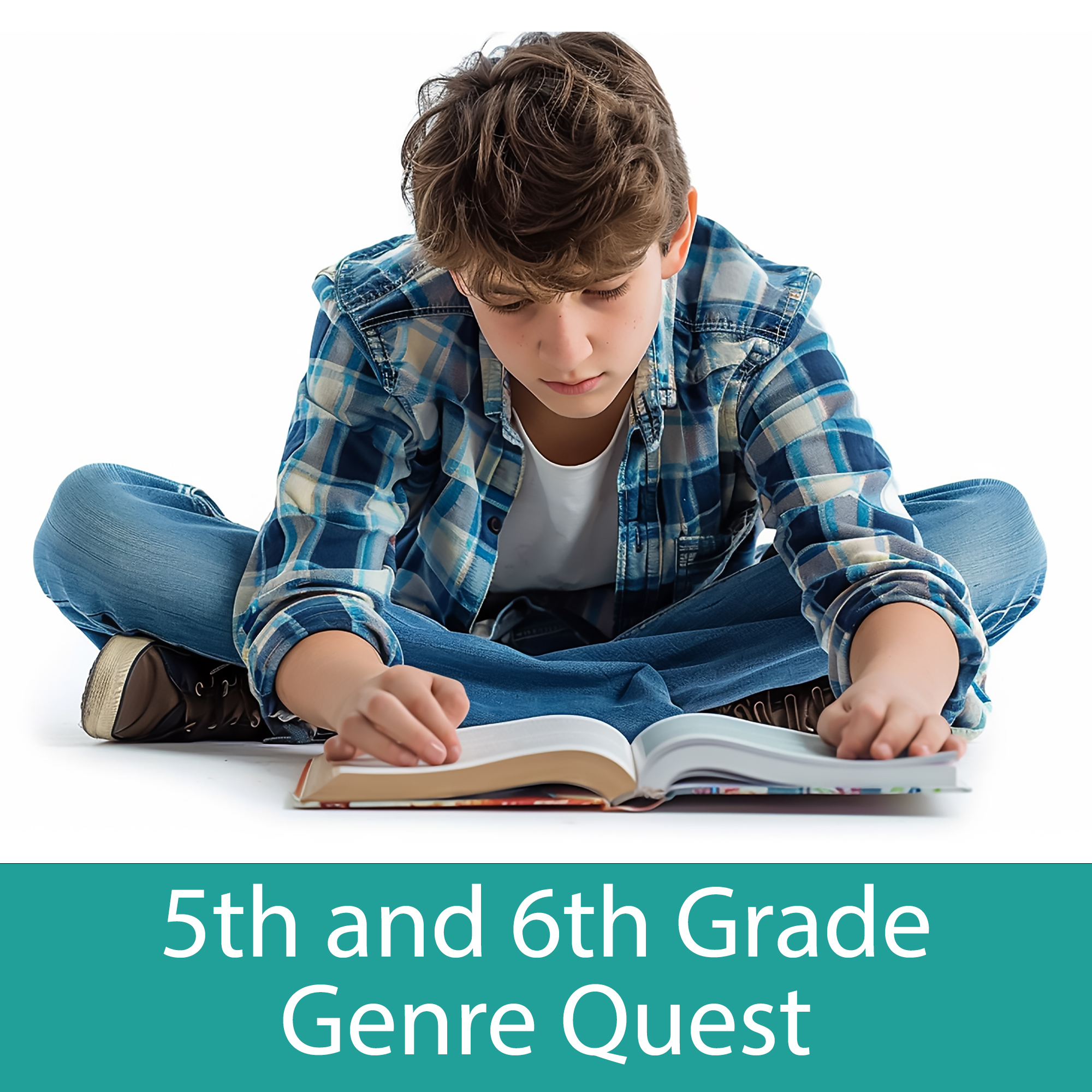 Boy sitting crisscross while reading a book