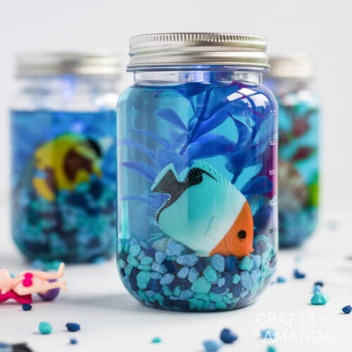 Fake fish in a mason jar to look like an aquarium