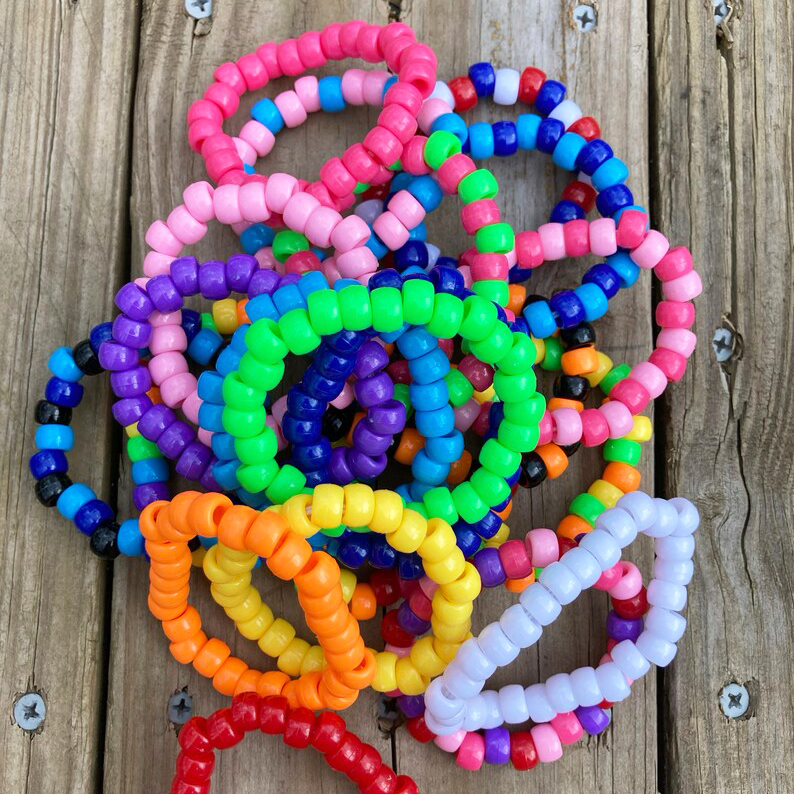 A pile of beaded bracelets