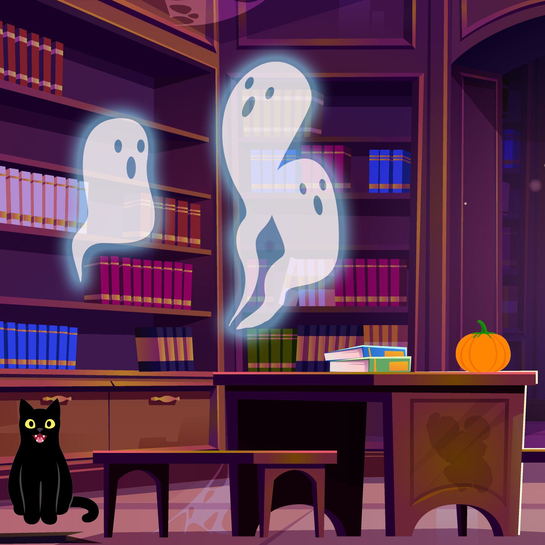 Illustrated ghosts and a black cat in a haunted looking library.