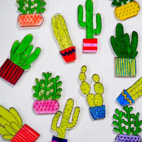 Shrinky dinks of colorful cacti and succulents