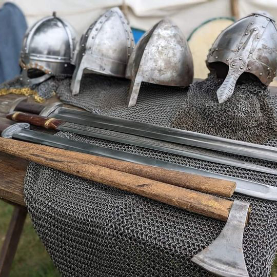 Viking helmets and weaponry