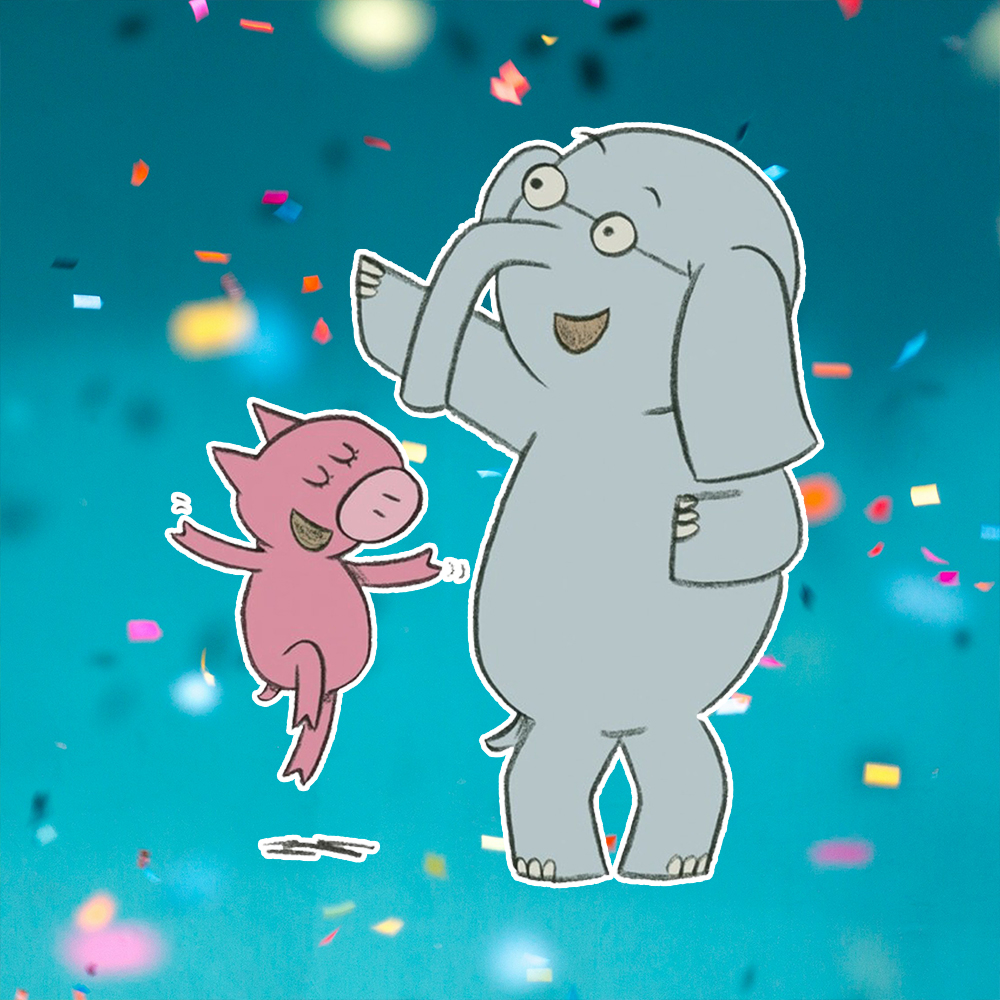 Elephant and Piggie with a blue confetti background