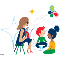Cartoon adult reader with kids