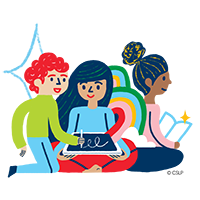 Cartoon adult reader with kids