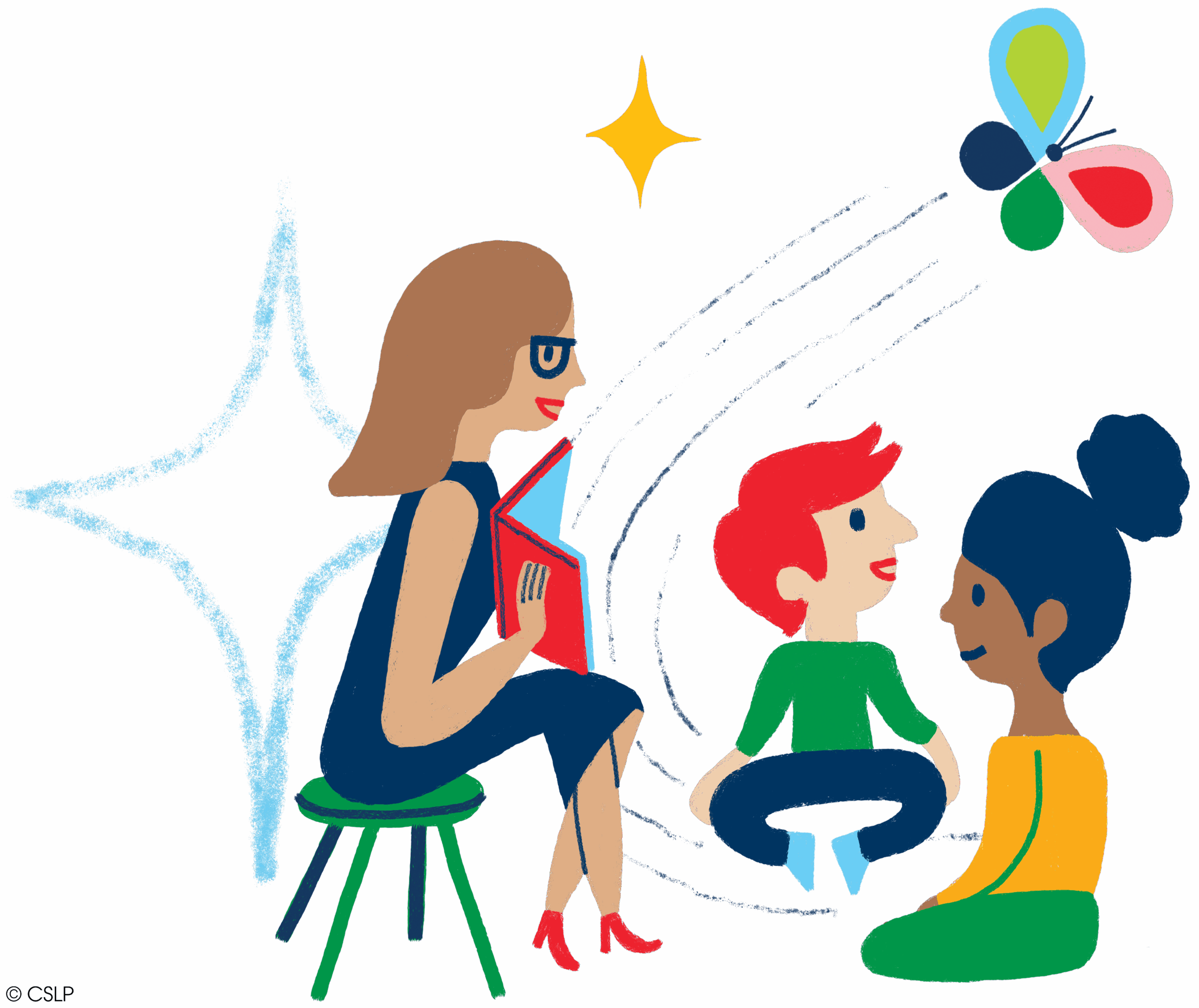 Cartoon adult reader with kids
