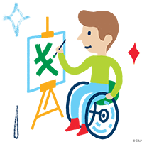 Cartoon of adult male in a wheelchair painting