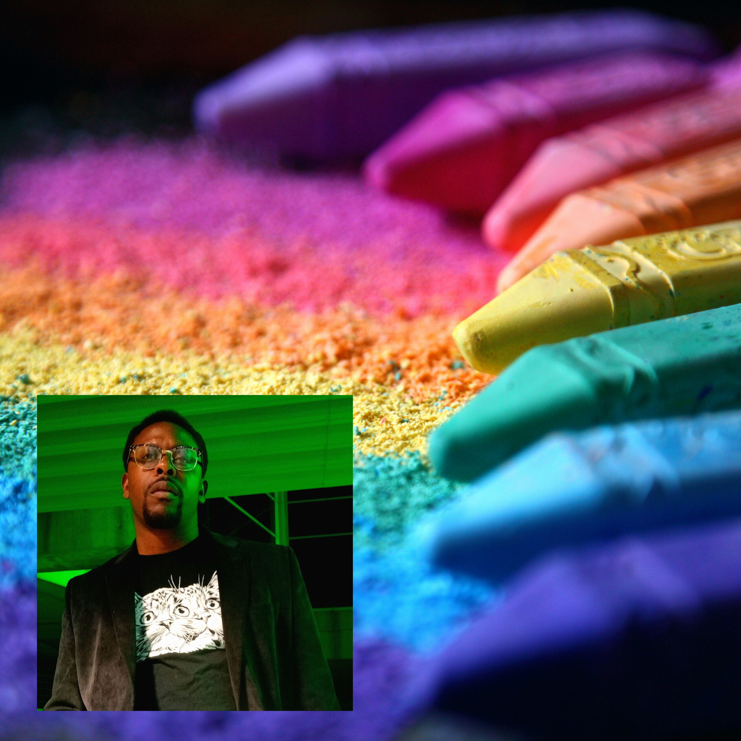 Rainbow chalk with a photo of Artist Ryan Holmes