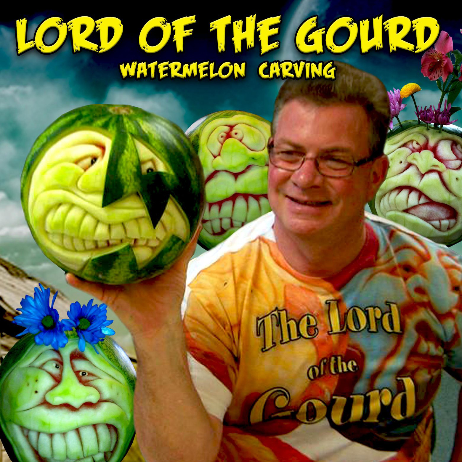 Patrick Harrison, "The Lord of the Gourd". holding a colorful carved watermelon