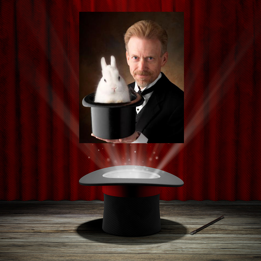 Magician hat. Light rays from a black top hat with a red ribbon and a magic wand. Red curtain with wooden floor. Baffling Bill's photo is above the hat.