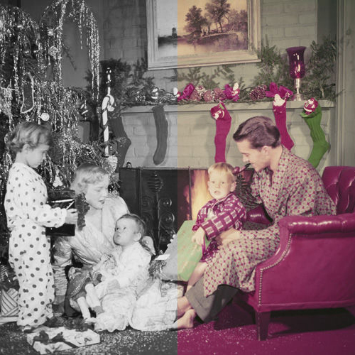 Old family photos that is black and white on the left and colorized on the right.