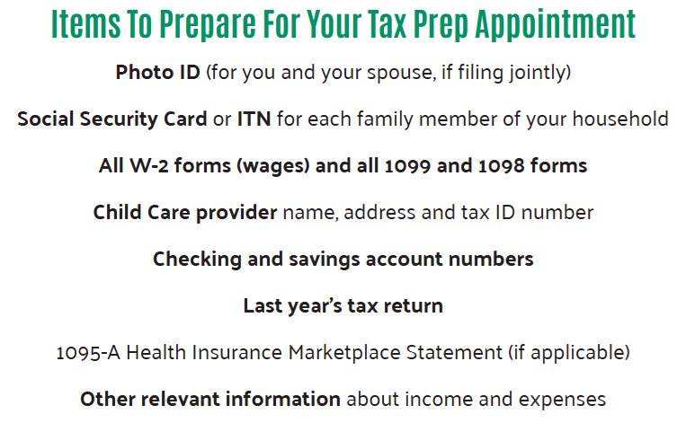 WhatToBringVITA list of items you need to bring to a tax appointment