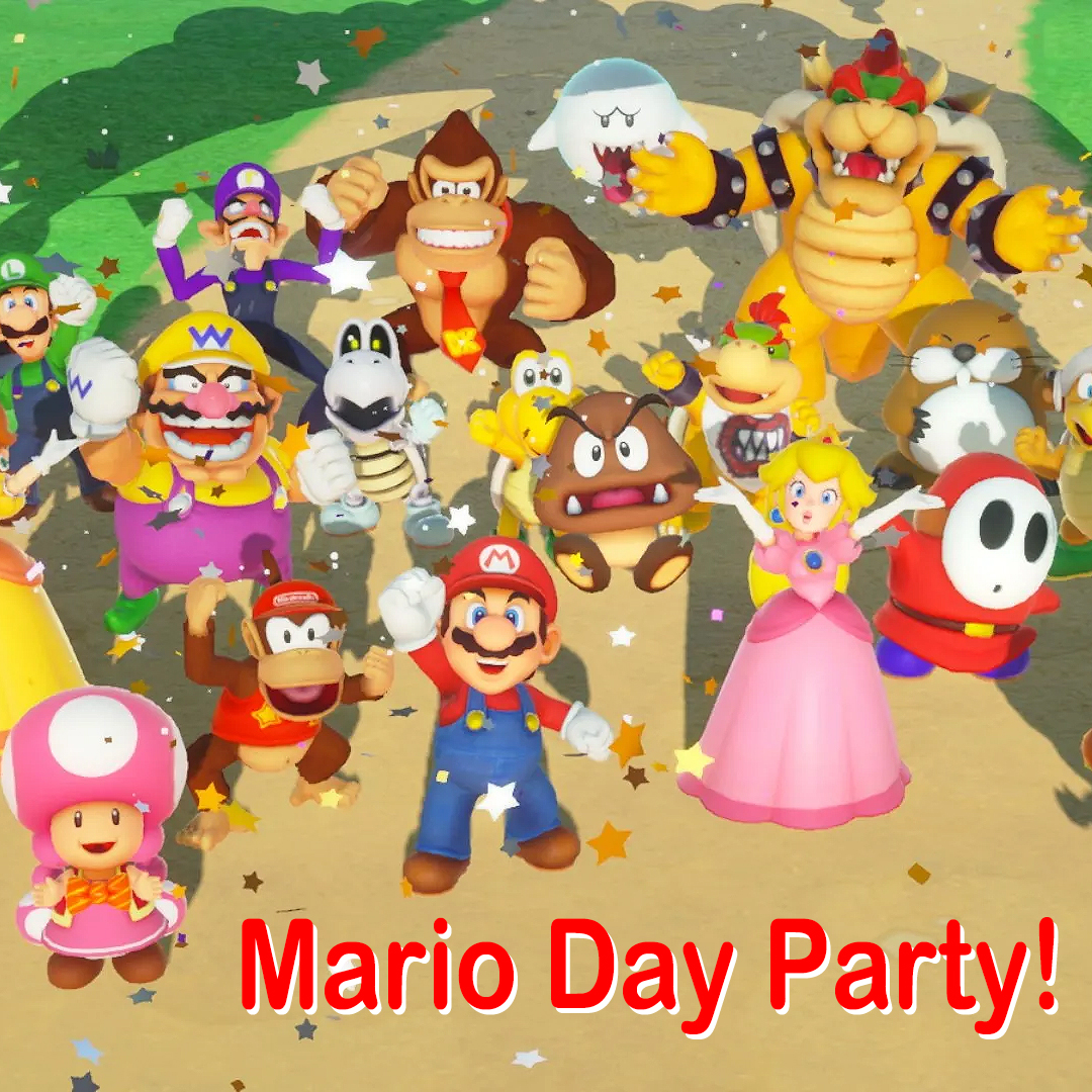 Mario Day Party graphic with happy Mario characters