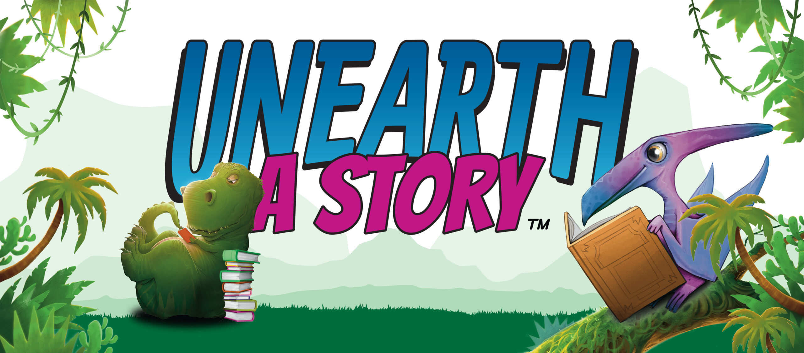 Unearth a Story banner with dinosaurs reading in a jungle opening