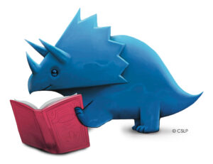 Blue dino with book
