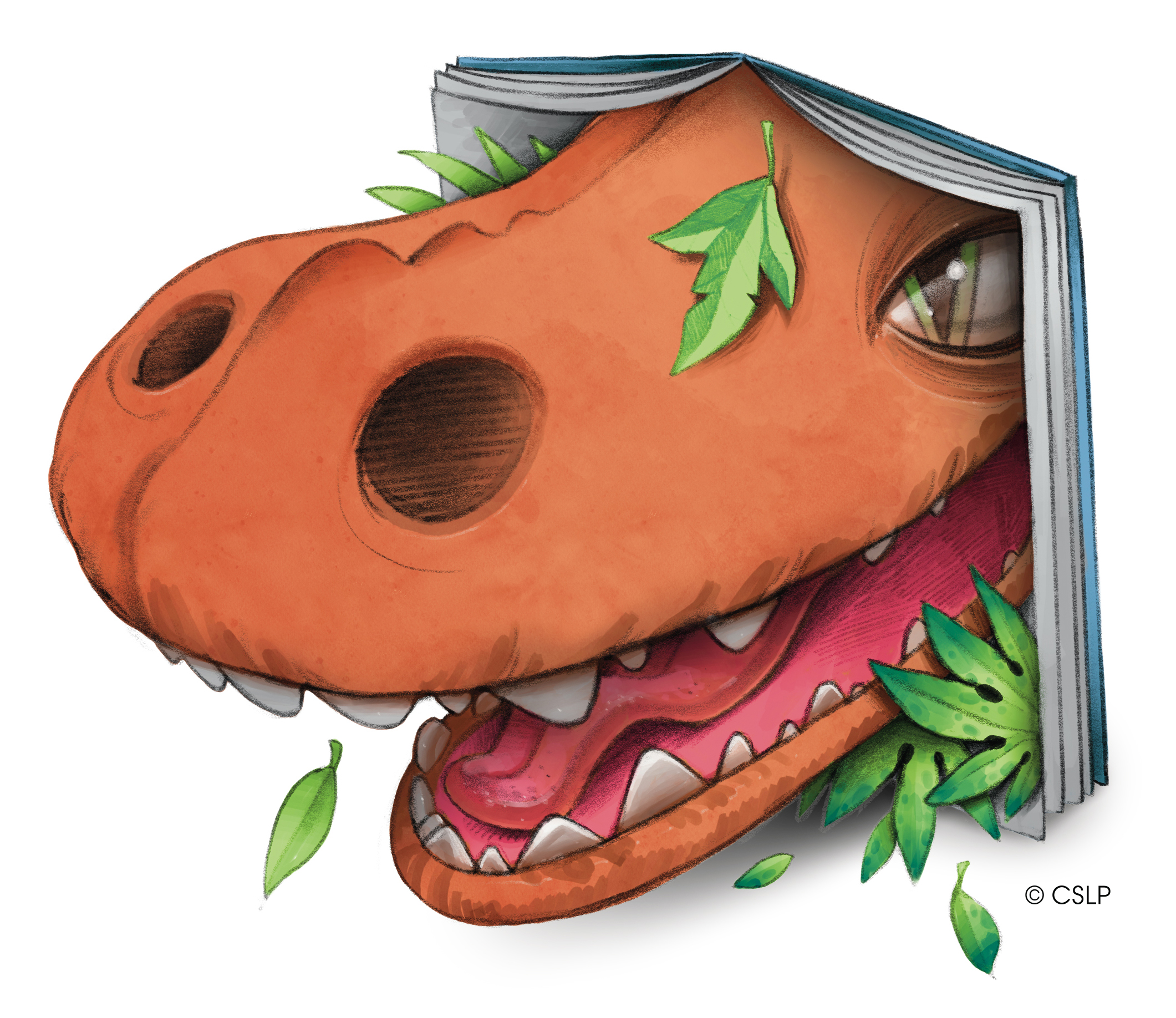 Orange dino coming out of a book