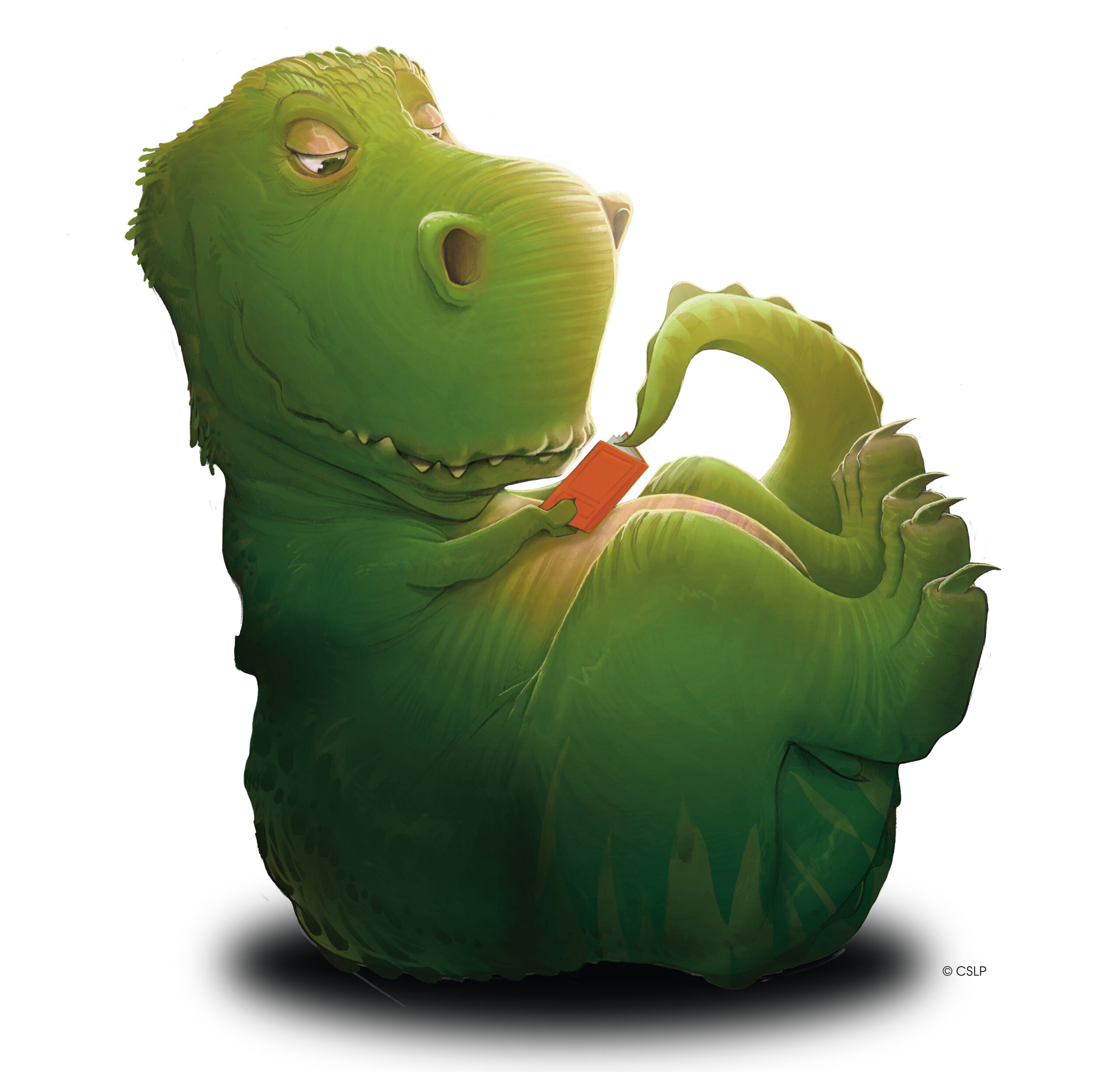 Green t-rex reading a book