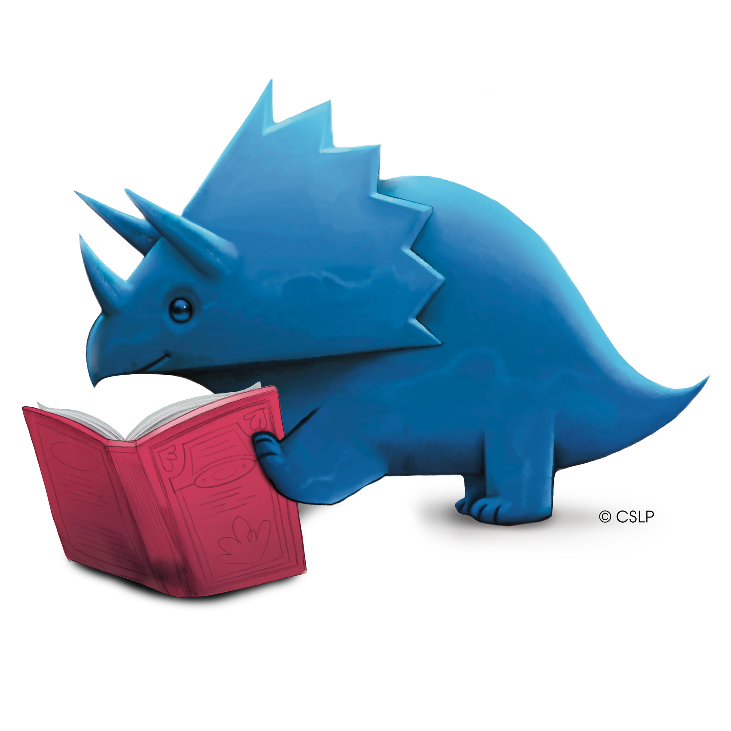 Blue dino with a book