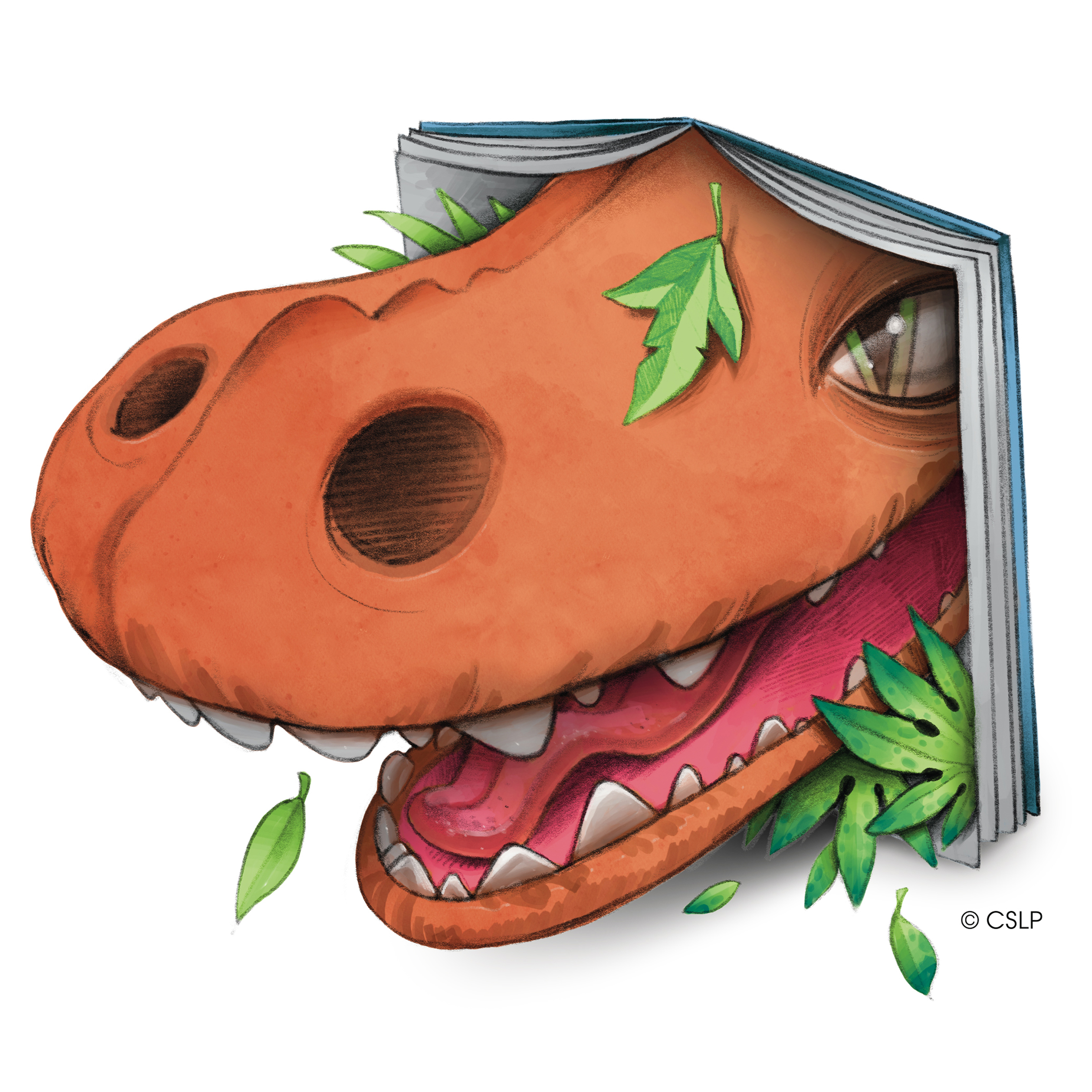 Orange dino coming out of a book