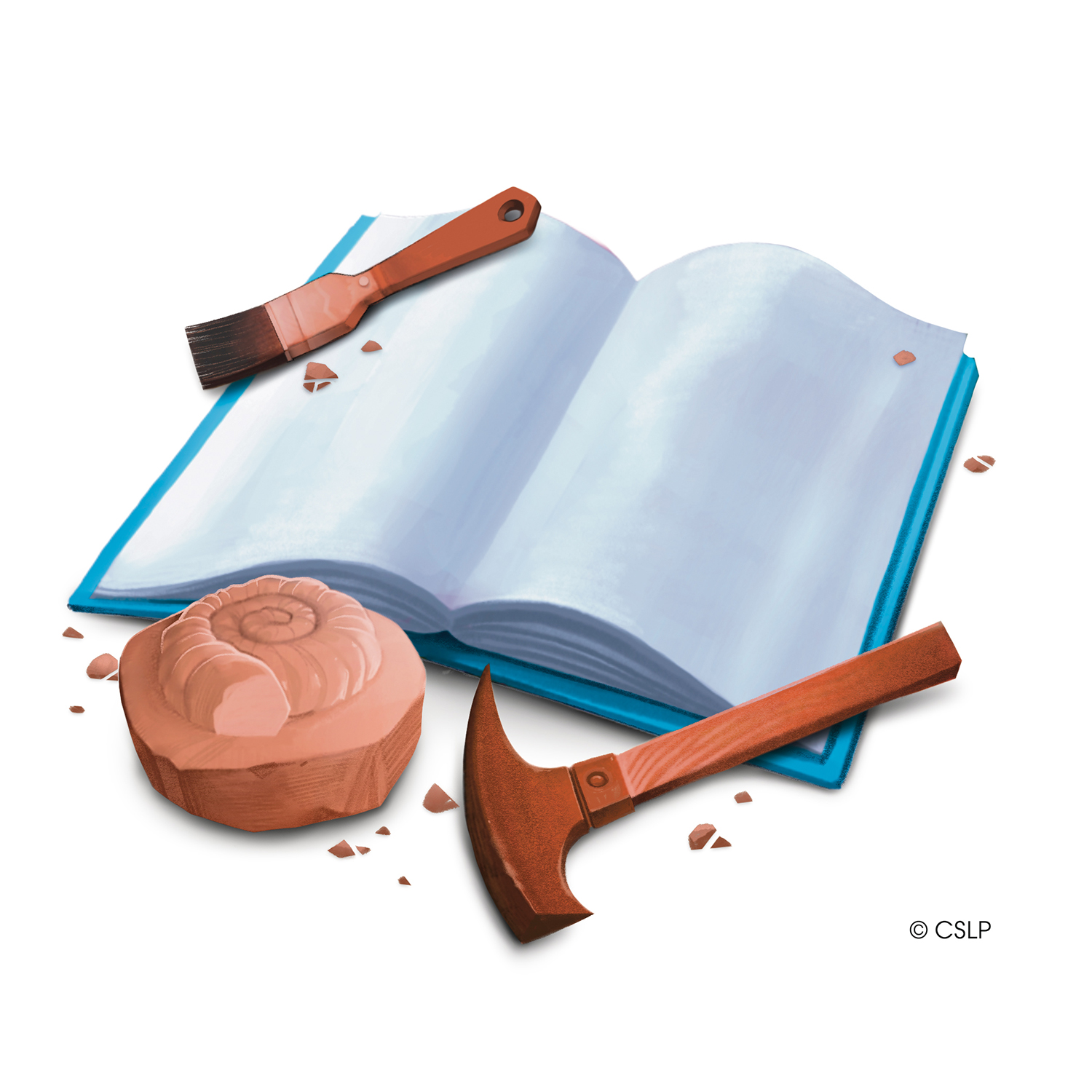 Open book with fossil and digging tools