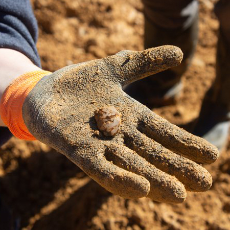 Kid's hand holding a sand covered crystal