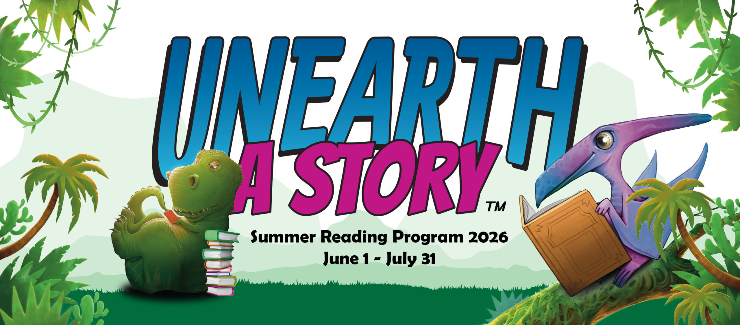 Unearth a Story banner with dinosaurs reading in a jungle opening