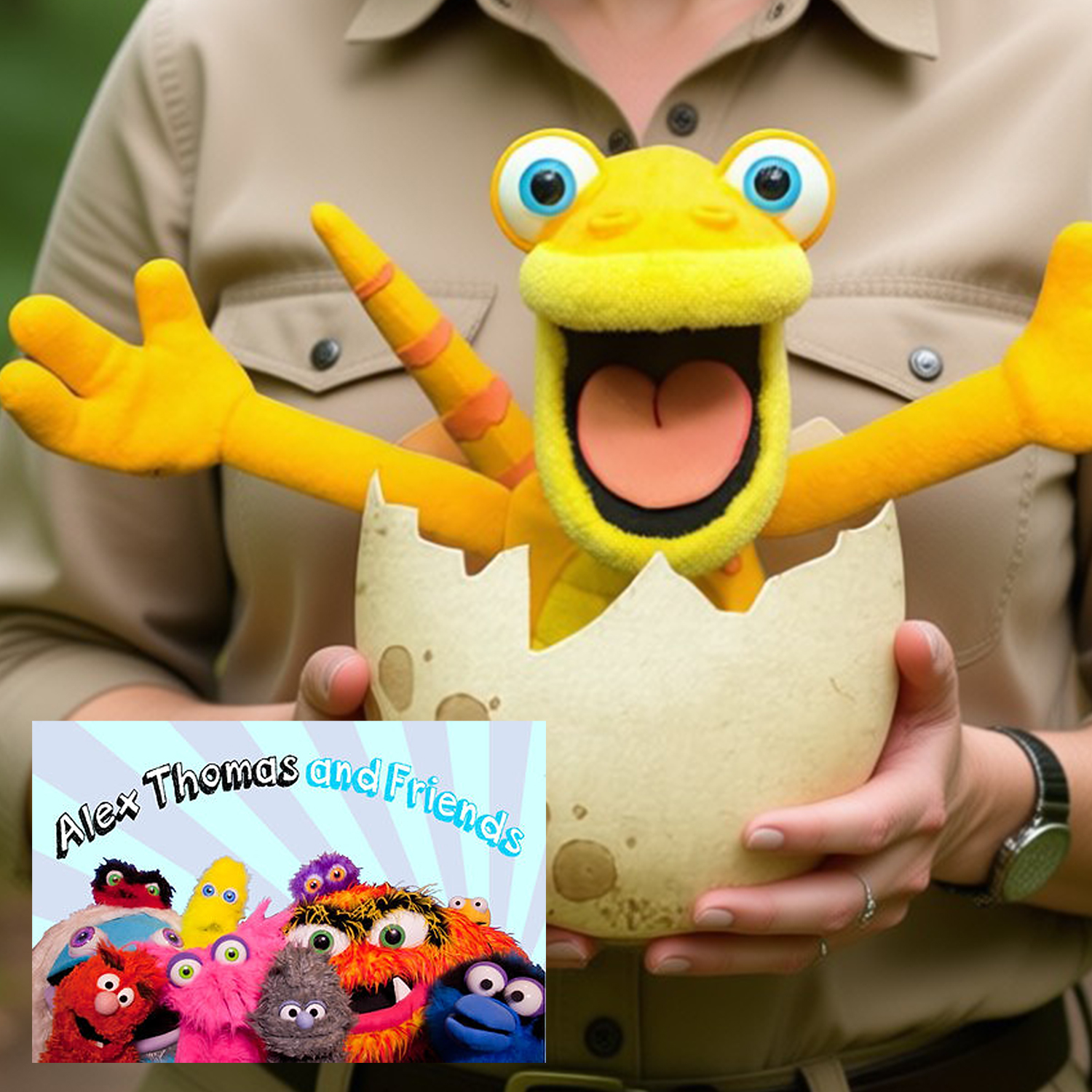 Person holding a dinosaur puppet in an egg