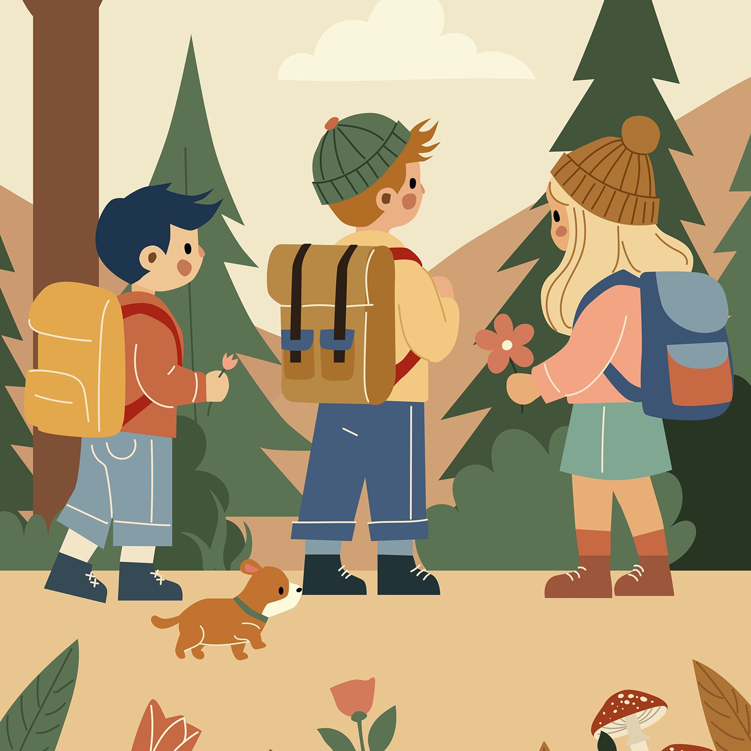 Illustrated graphic of three kids nature journaling in the woods
