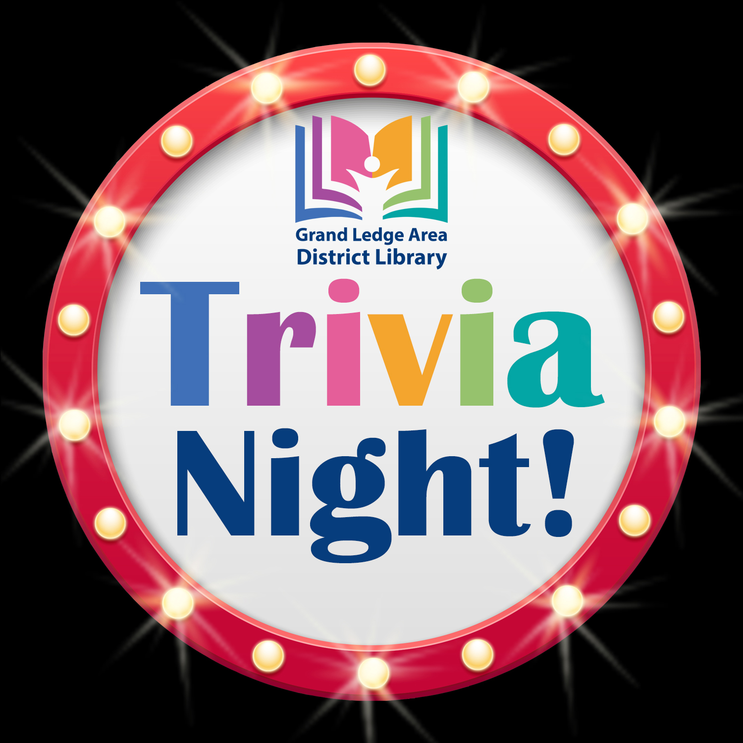 GLADL Trivia Night logo, text with marquee lights around it