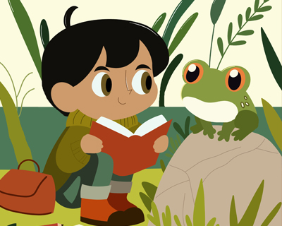Little boy reading a book to a frog by a pond