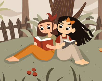 Ilustration of two teen pre-teen girls reading in dull grass.
