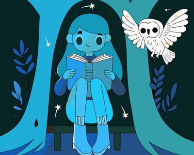 Illustration of teen girl reading a book in the hollow of a tree trunk with an owl nearby
