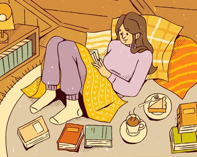 Adult reading books in a cozy environment with pie and coffee