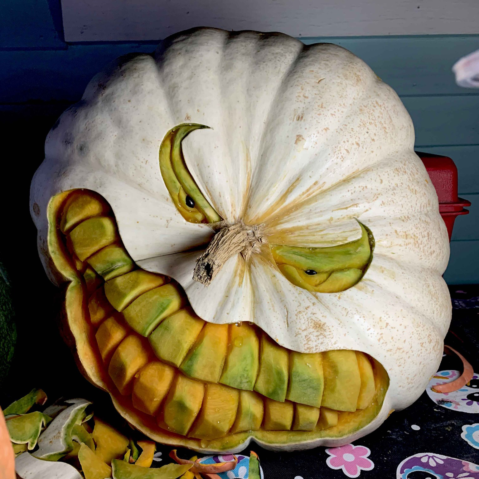 Carved white pumpkin