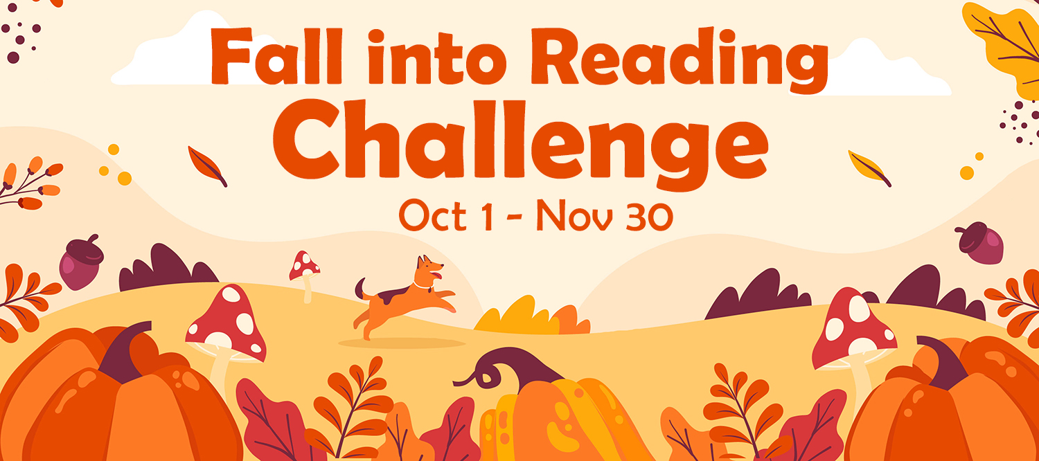 Fall into Reading Challenge banner, happy dog surrounded by fall elements like pumpkins and orange leaves